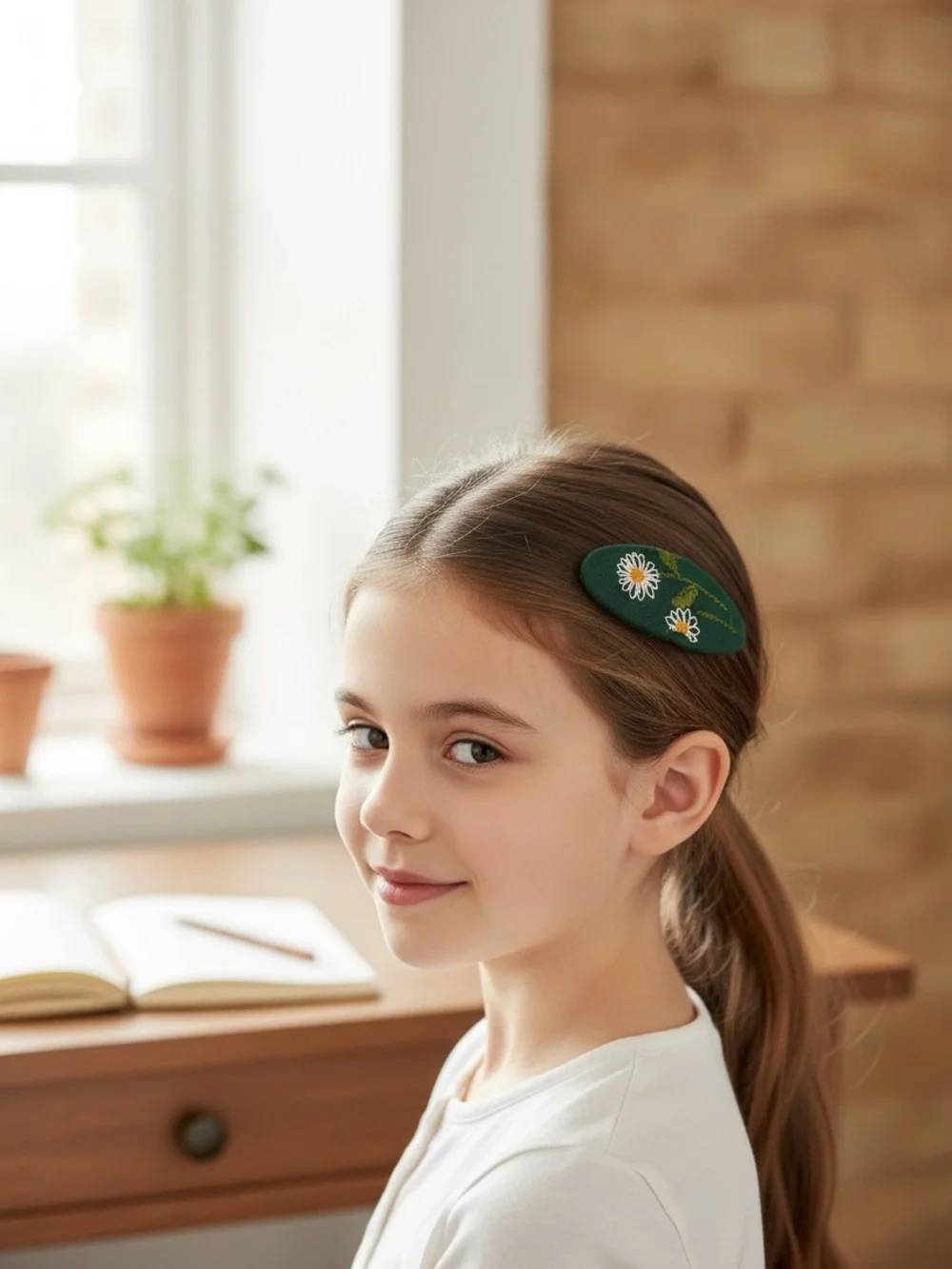 Embroidered Daisy Hair Clip | Forest Green Floral Snap Barrette